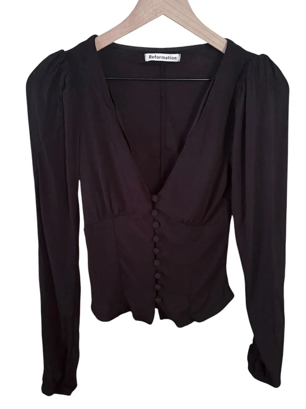 Reformation Nell Top Black Deep V Button Front Blouse XS Minimalist Basic